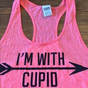 Small Racerback tank, light pink. “I’m With Cupid”